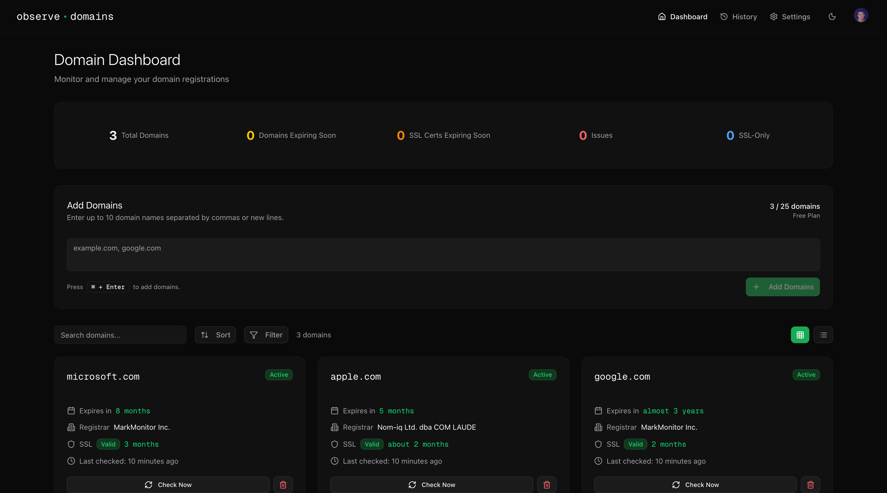Observe Domains screenshot 2